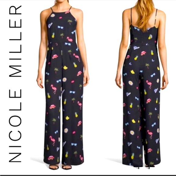 Nicole Miller Womens Black Flamingo Print Retro 90’s Jumpsuit - Picture 1 of 9